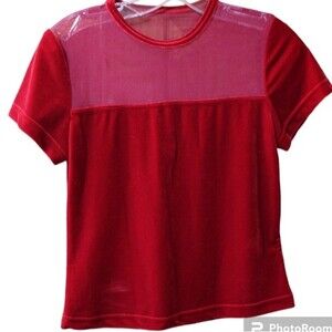 La Belle Red Mesh Velour Baby Tee Vintage USA Short Sleeve Fitted Top Medium